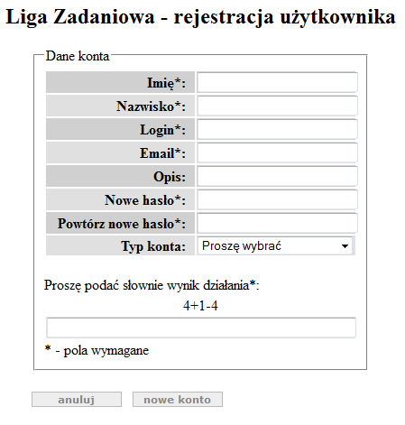 2 Rejestracja. Aby zarejestrować się, użytkownicy muszą przejść przez trzy etapy. Pierwszym jest rejestracja swoich danych na stronie https://plas.mat.umk.pl/liga/rejestracja.php.