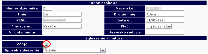 Dodaj nowego ucznia w danym oddziale (Wyszukiwarka danych) KaŜdy uczeń, który przystąpił wcześniej do sprawdzianu/egzaminu gimnazjalnego w szkole połoŝonej na terenie działania OKE w Krakowie, jest