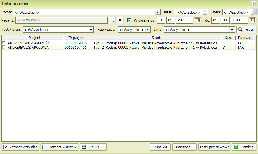 Lista uczniów Po wybraniu przycisku Lista uczniów z głównego menu mamy możliwość wyświetlenia uczniów, którzy mieli wykonane świadczenia pielęgniarki szkolnej.