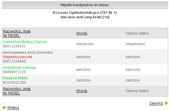 Nabór do PG Rysunek 119. Sprawdziany uzdolnień kierunkowych sprawdzanie wprowadzonych wyników (sprawdzian zaliczeniowy). Należy sprawdzić, czy uprzednio wprowadzone wyniki są poprawne.