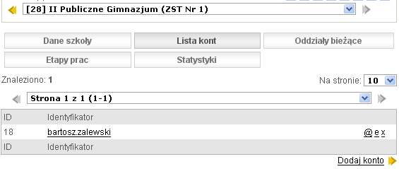 Szkoły Rysunek 30. Lista kont. Następnie pojawi się formularz do wprowadzenia danych osoby będącej użytkownikiem gimnazjum oraz przydzielonych jej uprawnień.