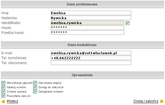Szkoły Rysunek 31. Dodawanie nowego konta. Modyfikacja i usuwanie konta Jeżeli okaże się, że dane konta użytkownika gimnazjum zapisane w systemie są niepoprawne, należy je zmodyfikować.