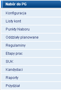 Nabór do PG Wszystkie opcje w systemie związane z naborem do szkół ponadgimnazjalnych zostały zgrupowane w menu po lewej stronie w pudełku Nabór do PG. Rysunek 38.