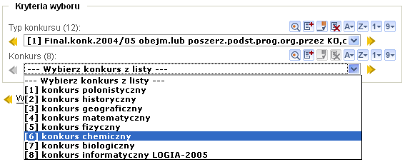 Konfiguracja Rysunek 46. Lista konkursów. Aby wyświetlić dane konkretnego konkursu, należy wybrać w sekcji Kryteria wyboru jego nazwę.