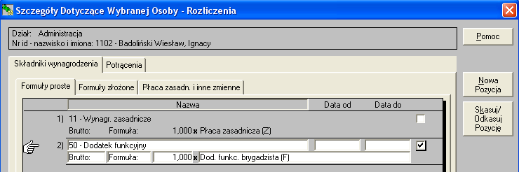 Rys. 12 Konfiguracja składnika wynagrodzenia 'Dodatek funkcyjny' w rozliczeniach pracownika. W rozliczeniach pracownika należy wtedy dopisać premię uznaniową z kwotą wyrażoną formułą, np.