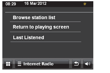 - Browse station list (Przeglądaj listę stacji) - Return to playing screen (Powrót do ekranu odtwarzania) - Last Listened (Ostatnio słuchana) Menu Settings (Menu Ustawień) umożliwia dostęp do