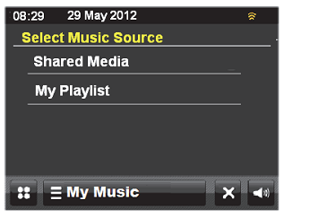 Kiedy ekran wyboru źródła muzyki jest ustawiony, dotknij Shared Media