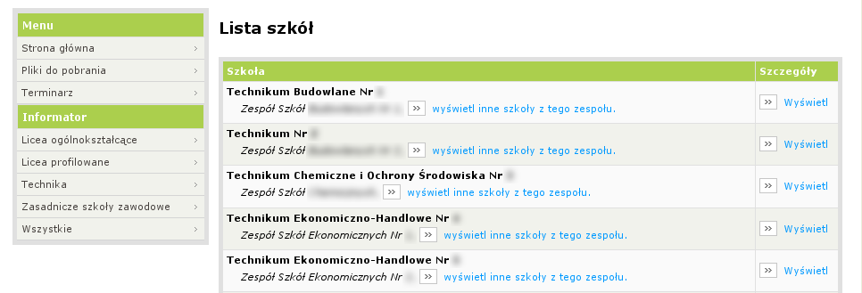 W menu po lewej stronie ekranu znajdziesz zakładki, w których możesz wyświetlić szkoły jednego typu, klikając na wybrany typ. Jeżeli wybierzesz zakładkę np.