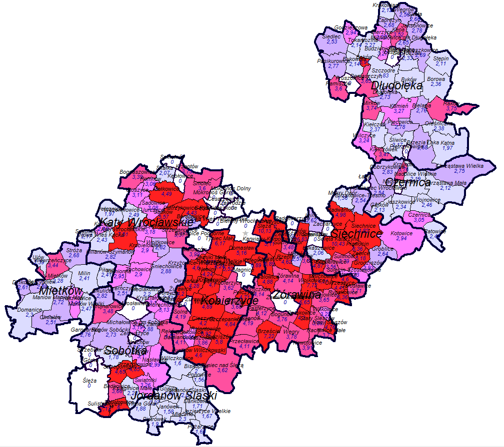 X. Mapy rozkładu cen gruntów w skali powiatu W skali Powiatu, rozkłady cen gruntów o różnym przeznaczeniu pokazano na rysunkach od 73 do 76.