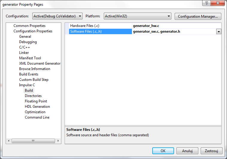Generacja kodu HDL dodać pliki sprzętowe i programowe Configuration Properties Impulse