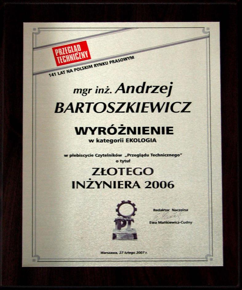 NAGRODA PRZEGLĄDU TECHNICZNEGO DANE KONTAKTOWE ANDRZEJ BARTOSZKIEWICZ WYNALAZCA SYSTEMU EKO