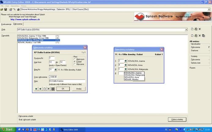 Otwieramy okno dialogowe edycji zgłoszenia poprzez kliknięcie edycji Wpisujemy czasy w rubrykach tylko tych konkurencji, w których będzie startował zawodnik.