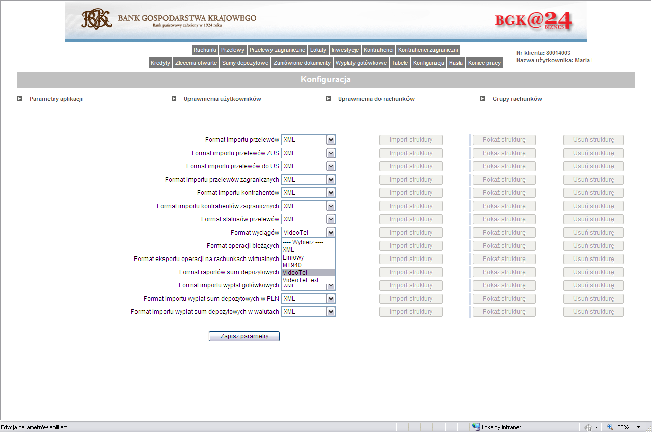Na ekranie z parametryzacją formatów plików należy rozwinąć listę formatów wyciągów, na której będą widoczne dostępne formaty wyciągów: XML, Liniowy, MT940, VideoTel, VideoTel_ext.