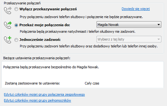 Ustanawianie pełnomocnika w aplikacji Lync 2010 Aby nadać innej osobie uprawnienia pełnomocnika w aplikacji Lync 2010: 1. Otwórz aplikację Lync 2010. 2. Rozwiń menu Opcje, następnie wybierz kolejno opcje Narzędzia oraz Ustawienia przekazywania połączeń.