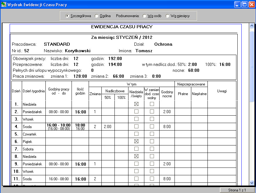 Rys. 18. Wydruk ewidencji czasu pracy pracownika za styczeń 2012.