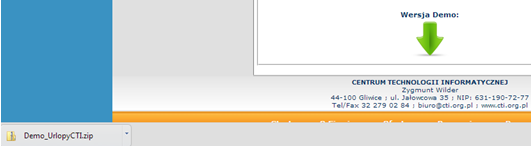 2. Uruchomienie programu. Uruchomienie programu odbywa się poprzez pobranie wersji demo ze strony internetowej http://cti.org.pl/cti_urlopy.html producenta oprogramowania firmę CTI z Gliwic.