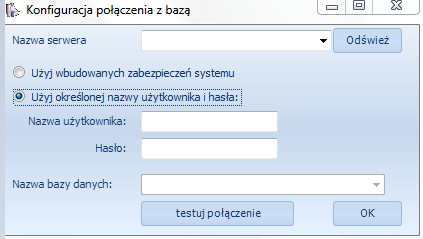 Kolejnym krokiem jest konfiguracja połączenia z bazą danych. Po pierwszym uruchomieniu programu pojawia się okno konfiguracji połączenia, w którym musimy podać kilka informacji.