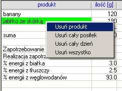 Poprzez dwukrotne kliknięcie w pole gramatury, możemy otworzyć okno edycji tej wartości, i po edycji i zatwierdzeniu klawiszem 'enter', dieta zostanie przeliczona z uwzględnieniem nowej wartości. Rys.