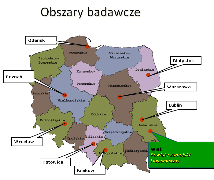 Rycina 1. Umiejscowienie rejonów badawczych na mapie Polski Powiaty wybrano wg kryteriów położenia, wielkości oraz odsetka mieszkańców wsi.