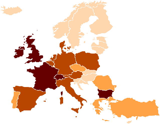 Zapadalnośc na odrę w UE: 7 175 przypadków (2009) 10 zgonow: (7 Bułgaria, 2 Francja, 1- Holandia) Rys. 10. Zachorowania na odrę w UE: zarejestrowano 7175 przypadków choroby i 10 zgonów.