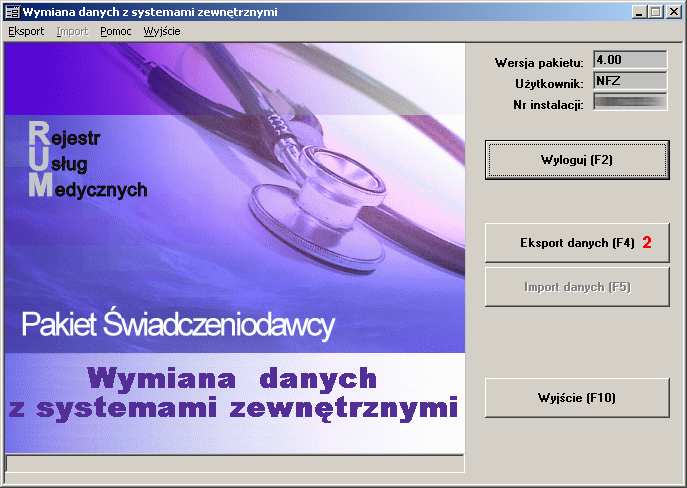 2. W poniższym oknie należy nacisnąć przycisk Eksport danych (F4) (2) 3. Po wykonaniu tej operacji pojawi się poniższe okno. 4.