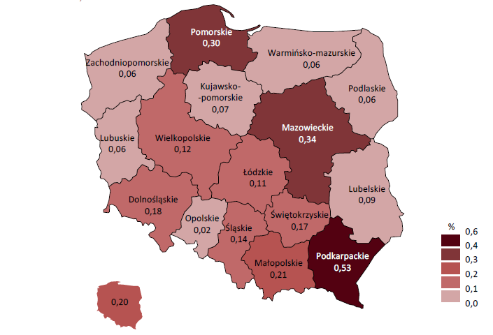 w przeliczeniu na 1 mieszkańca, który wyniósł 239 zł (dla porównania ten sam wskaźnik dla województwa lubelskiego wynosił 166 zł/1mieszkańca). Mapa 1.