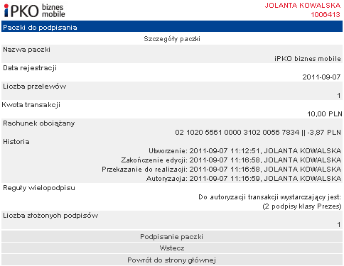 Transakcje operacje i paczki do podpisania Wybierając podmenu Operacje do podpisania na ekranie zostanie wyświetlona informacja o operacjach do podpisania.