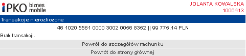 Wówczas na ekranie pojawią się szczegóły rachunku, w tym: numer rachunku, nazwa produktu (nazwa rachunku), saldo dostępne oraz saldo księgowe.