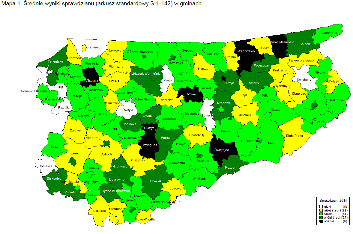 Średnie wyniki dla poszczególnych gmin w powiecie ostródzkim wyglądają następująco: 30 Wynik ogólny 25 20 15 10 5 0 Ostróda Ostróda Dąbrówno Grunwald Łukta Małdyty Miłakowo Miłomłyn Morąg Gmina