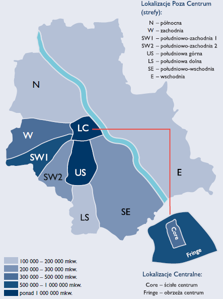 Ok. 75% powierzchni biurowej w Warszawie zlokalizowana jest w czterech strefach: Południe Górne, Obrzeża Centrum, Południowy Zachód i Ścisłe Centrum.