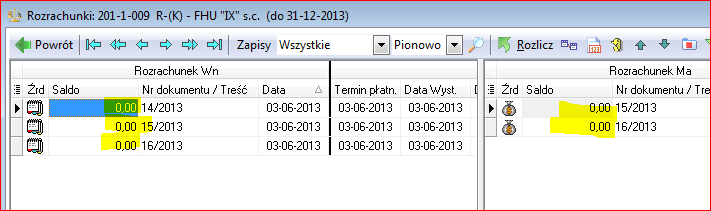 Rysunek 14. Rozliczenia konta 201-1-009 bezpośrednio po zarejestrowaniu wpłaty z rys. 12 i 13.