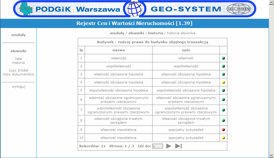 3.2 Historia zmian słowników G5 Rejestr Cen i Wartości Nieruchomości 10 KaŜda zmiana w słowniku jest rejestrowana, dzięki temu mechanizmowi moŝliwe jest tworzenie historii zmian i podgląd