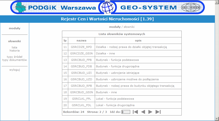 Rejestr Cen i Wartości Nieruchomości 7 3 Słowniki Po uaktywnieniu funkcji przeglądania i edycji słowników na ekranie pojawia się lista słowników wykorzystywanych przez system: 3.