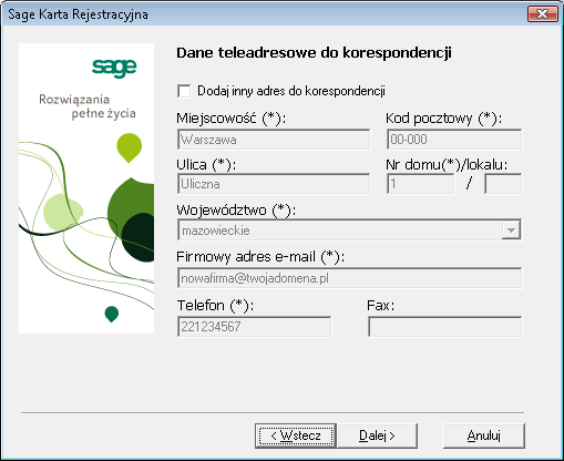 Rejestracja i aktywacja Sage Symfonia Kadry i Płace 3 Rys. 4 Okno Karta rejestracyjna strona Informacje z faktury zakupu. Rys. 5 Okno Karta rejestracyjna strona Dane teleadresowe do korespondencji.