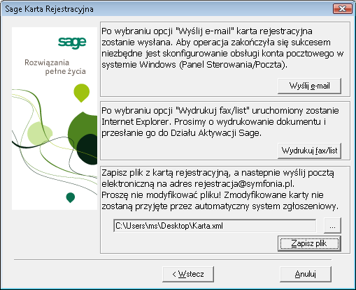 Rejestracja i aktywacja Sage Symfonia Kadry i Płace 6 Rys. 10 Okno Karta rejestracyjna strona Wybór metody wysłania danych.