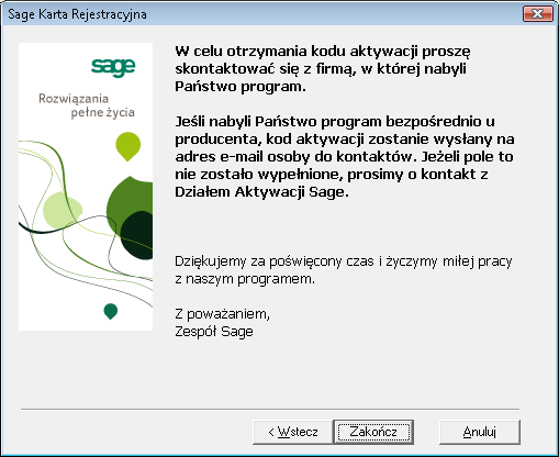 Rejestracja i aktywacja Sage Symfonia Kadry i Płace 7 Rys. 11 Karta rejestracyjna gotowa do wydruku.