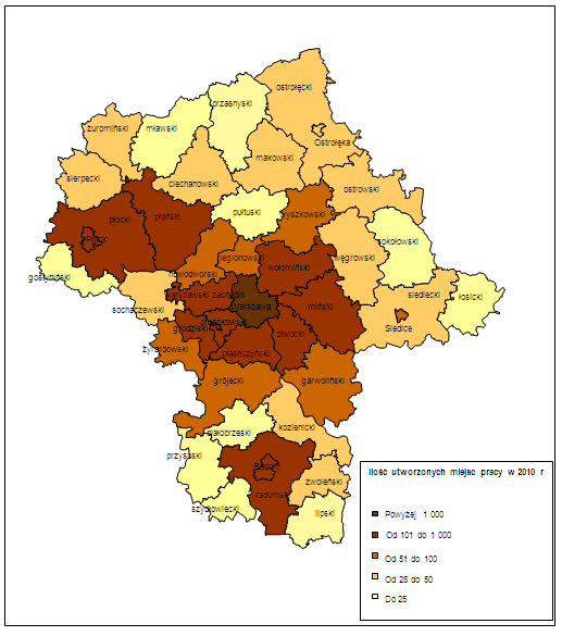 Mapa 7. Liczba planowanych miejsc pracy w podziale na powiaty Łącznie przedsiębiorcy zamierzają utworzyć 747 miejsc pracy dla kobiet (18%).