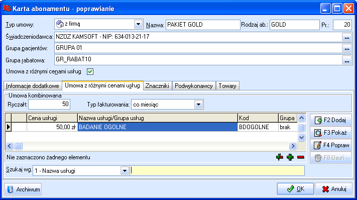 Abonament Abonamenty użytkownik może tworzyć, gdy wykupił licencję systemu KS-SOMED w pakiecie B oraz dodatkową licencję na moduł Umowy Enterprise.