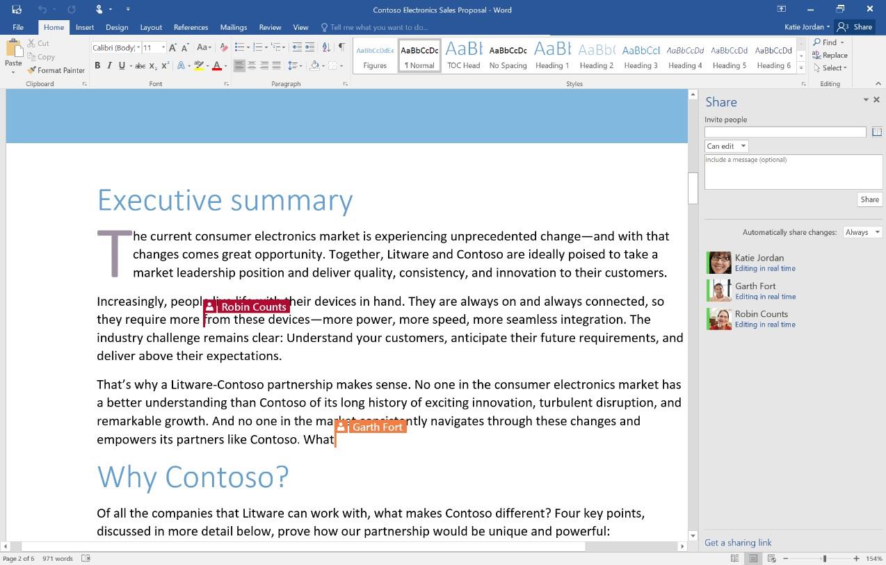 Współtworzenie Możesz mieć wszystkich po tej samej i na tej samej stronie w przenośni i dosłownie, dzięki funkcji współtworzenia dokumentów w programach Word, PowerPoint i OneNote.