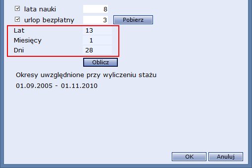 i urlopy bezpłatne? 7/8 Uruchomi się Kalkulator okresów, w którym wyszczególnione są wszystkie okresy zatrudnienia pracownika. 3.