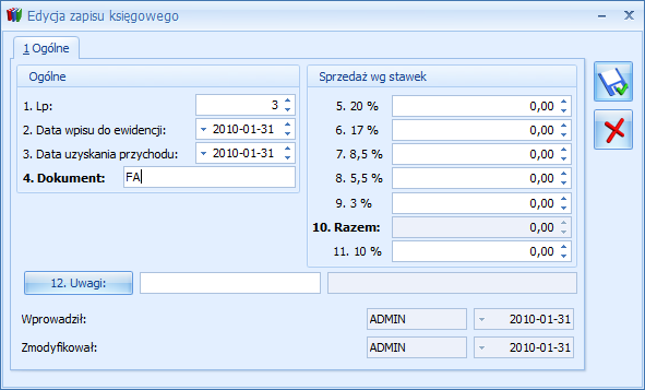 Str. 68 Moduł Księga Podatkowa, Środki Trwałe v. 2012 6.4.1 Zakładka Ogólne Na formatce, która służy do wprowadzania nowego dokumentu zawarte są następujące informacje: Rys.