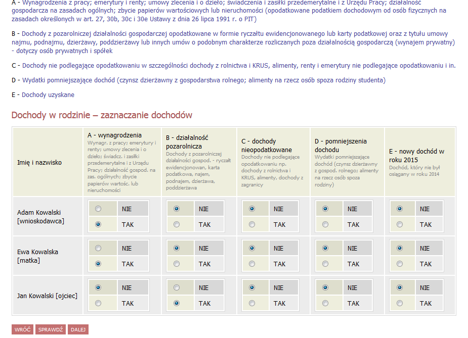 W następnym etapie musisz zdefiniować z jakiego tytułu Ty i członkowie twojej rodziny otrzymywali dochód lub nie.