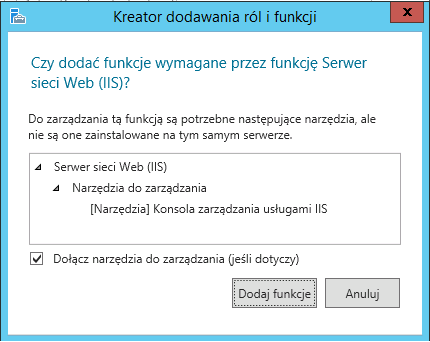 Instalacja składników Internetowych Usług Informacyjnych Pomoc techniczna 5. Windows 2012 / Windows 2012R2 Za pośrednictwem Menedżera serwera z menu Zarządzaj wybrać opcję Dodaj role i funkcje.