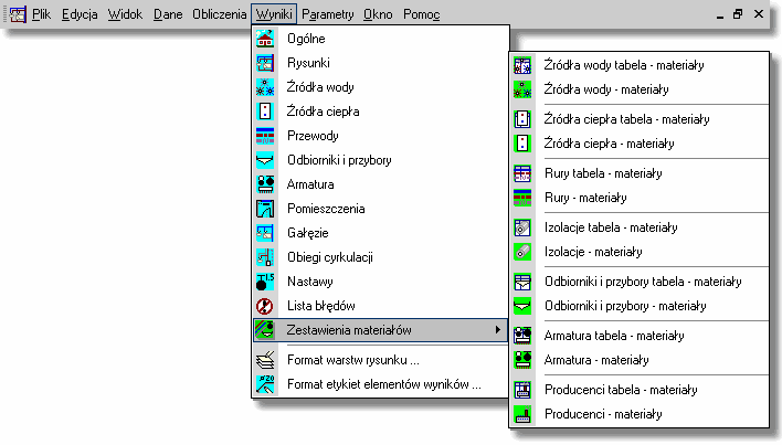 8 Struktura Menu Rozwinięte menu Wyniki 254 Zestawienia materiałów 258 Dostępne są następujące zestawienia: Źródła wody tabela - materiały 260 zbiorcza tabela z zestawieniem źródeł wody występujących