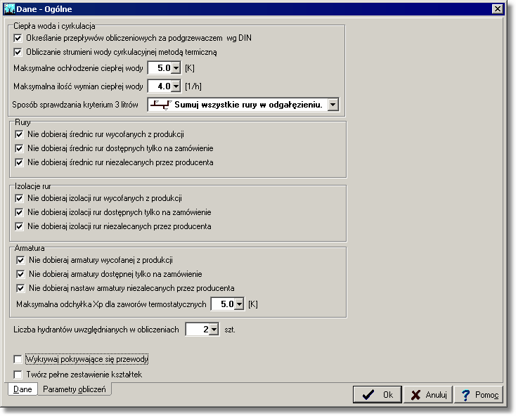 10 Załączniki Dialog Dane - ogólne karta Parametry obliczeń Ciepła woda i cyrkulacja - grupa Określaj przepływy obliczeniowe za podgrzewaczem wg DIN - pole wyboru Wybór tej opcji sprawia, że przy