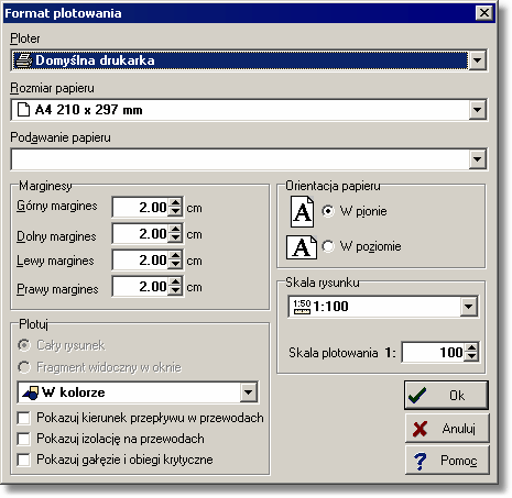 Kan H2O 1.5 10.1.12 Format plotowania Dialog służy do ustalenia formatu, w jakim plotowane będą rysunki. Dialog jest wywoływany za pomocą polecenia Format plotowania 215 (menu Plik 200 ).