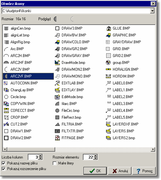 Kan H2O 1.5 Dialog Otwórz ikony Folder W polu w górnej części dialogu służy do wybrania folderu 463, w którym znajdują się pliki z ikonami.
