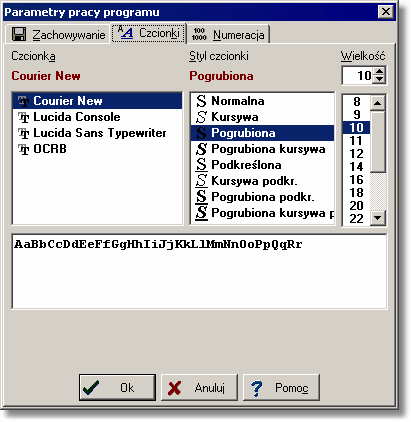 Kan H2O 1.5 Dialog Parametry pracy programu - karta Czcionki Czcionka - lista W tym polu można wybrać 487 typ czcionki.