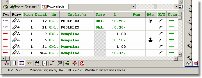 10 Załączniki Część tabelaryczna okna Dane - Rysunki 402 z tabelą do wprowadzania danych o przewodach W poszczególnych kolumnach tabeli znajdują się następujące informacje: Typ Informacja o rodzaju