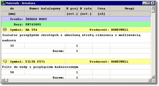 Kan H2O 1.5 Tabela z zestawieniem armatury Poszczególne rodzaje armatury przedstawione są w kilku wierszach tabeli.